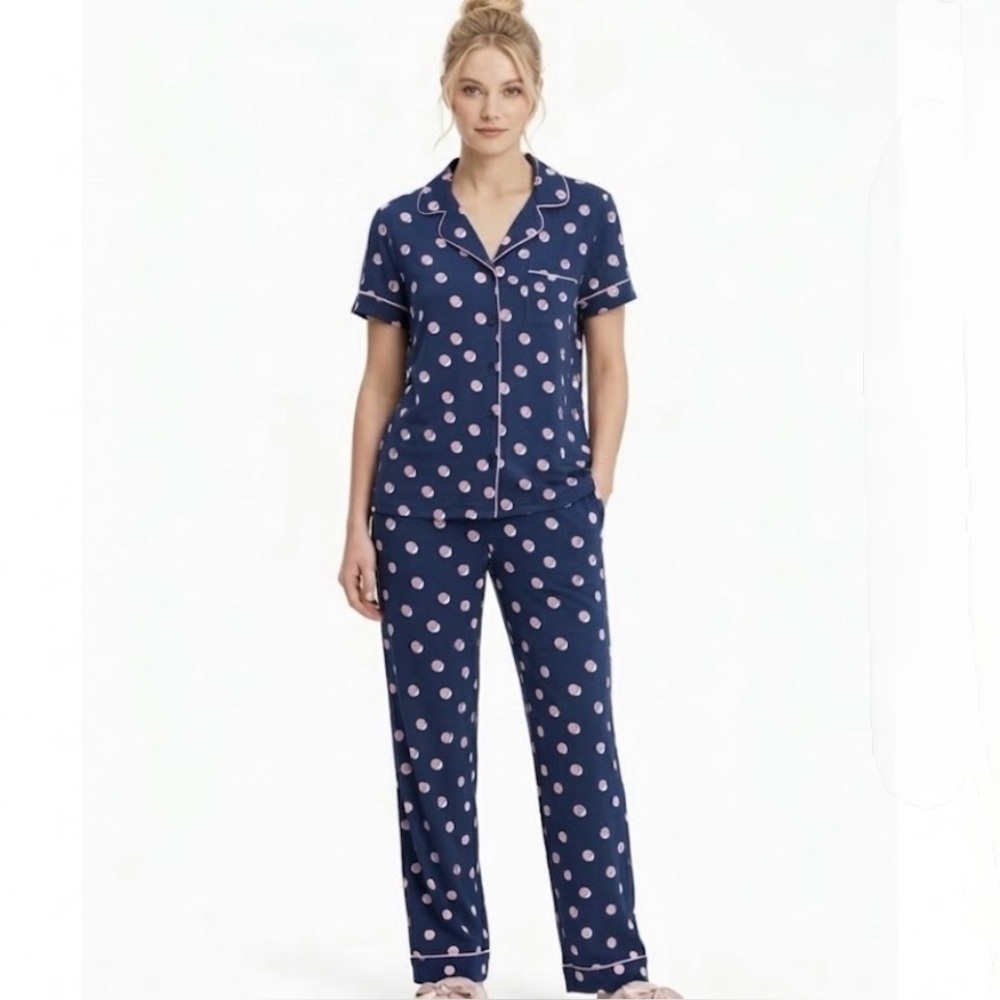 Kate Spade Pajamas Set Navy Pink Polka Dot Short Sleeve Long Pants